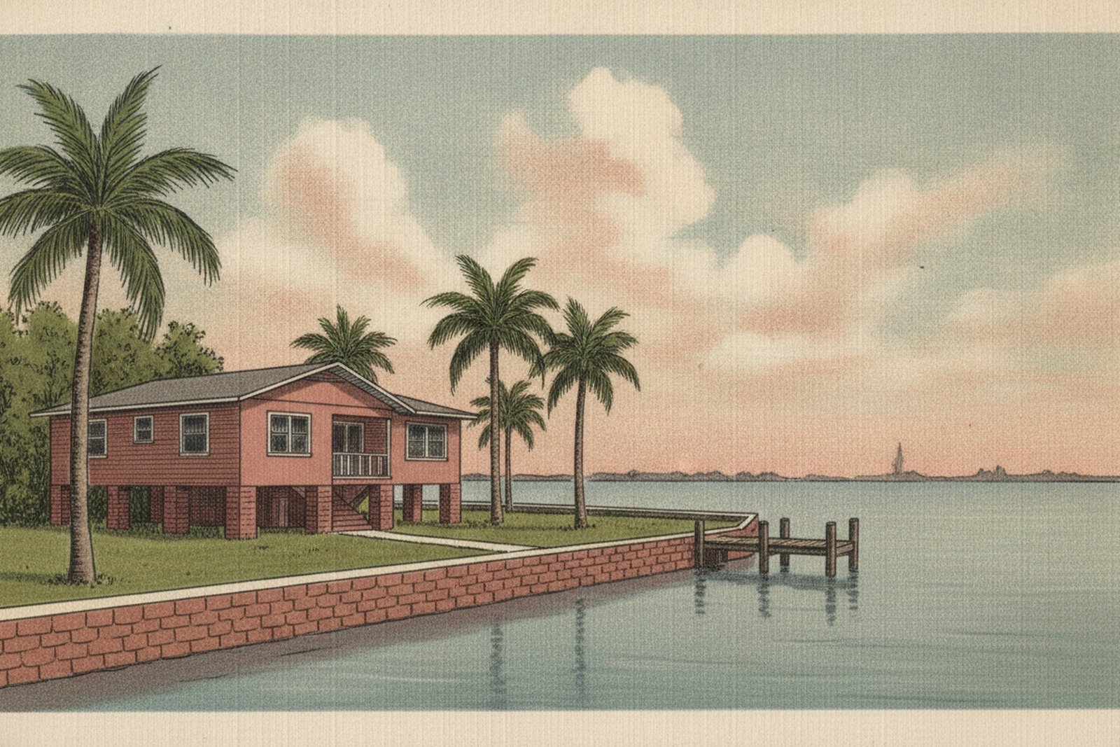 Flood zones & insurance in St. Pete — St. Petersburg, vintage-postcard-style illustration