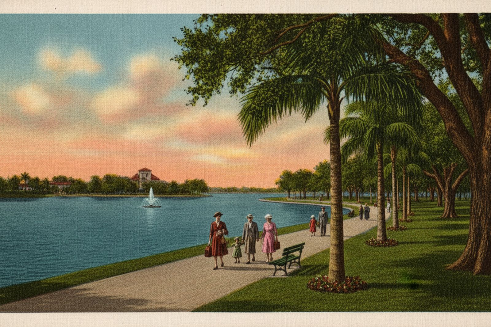 Crescent Lake, St. Petersburg — vintage-postcard-style illustration